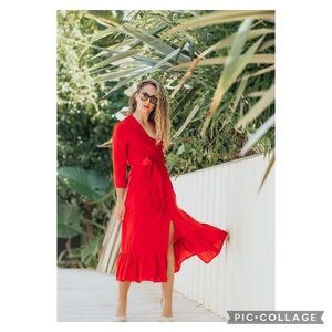 Jane Wood Red Ruffled Hem Wrap Dress Size Small